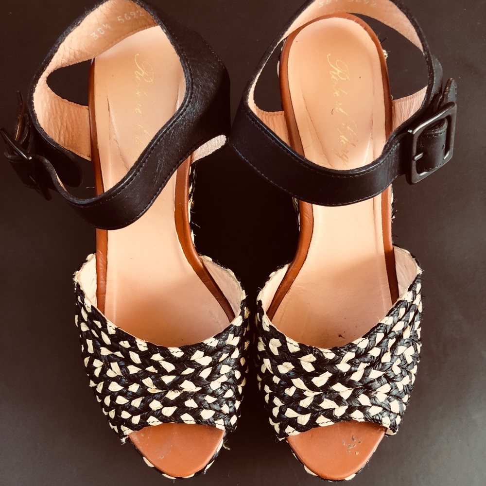 Robert Clergerie Black & Tan Wedge Sandals 7.5